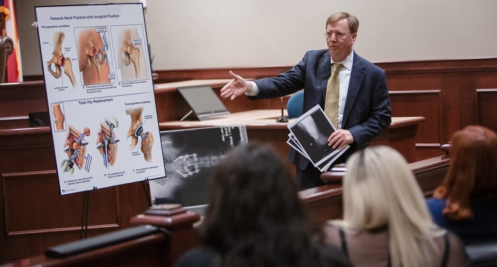 Bruce Millar explaining an injury accident in a court room in Atlanta 
