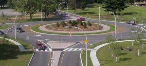Example of a roundabout: a scheme for managing the flow of traffic at the junction of two or more roads