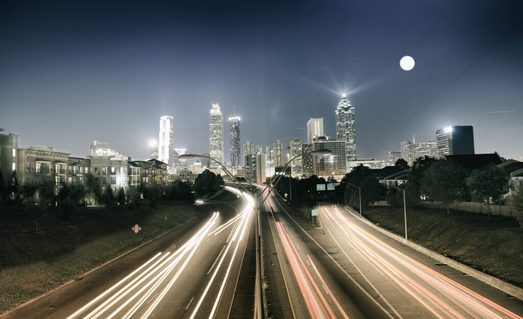 Urban skyline at night. The city is Atlanta