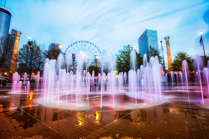 Colorful Centennial Fountain at night